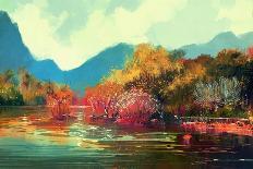 Painting of Beautiful Autumn Forest,Illustration-Tithi Luadthong-Art Print