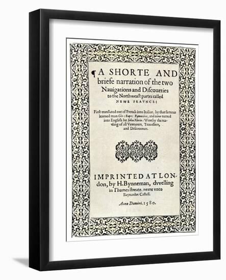 Title Page of Jacques Cartier's Book about His Discoveries in Canada, c.1580-null-Framed Giclee Print