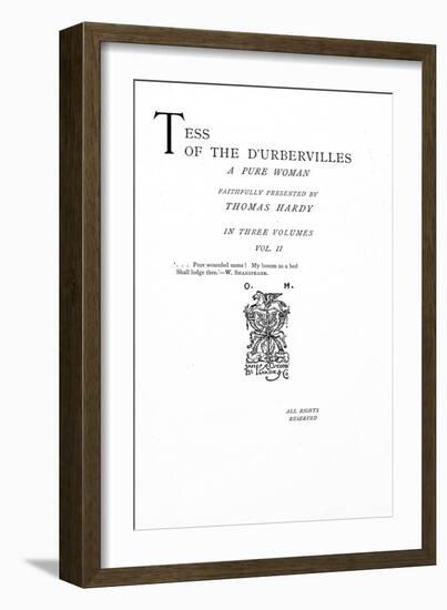 Title Page to 'tess of the D'Urbervilles' by Thomas Hardy, Edition Published in 1892-null-Framed Giclee Print