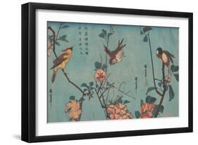 Titmouse and Camellias, Sparrow and Wild Roses and Black-naped Oriole and Cherry Blossoms, c.1833-Ando or Utagawa Hiroshige-Framed Giclee Print