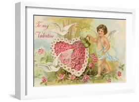 To My Valentine Postcard with Cherub Watering Flowers-null-Framed Giclee Print