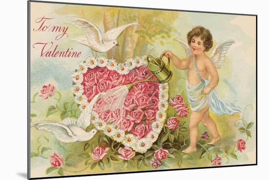 To My Valentine Postcard with Cherub Watering Flowers-null-Mounted Giclee Print