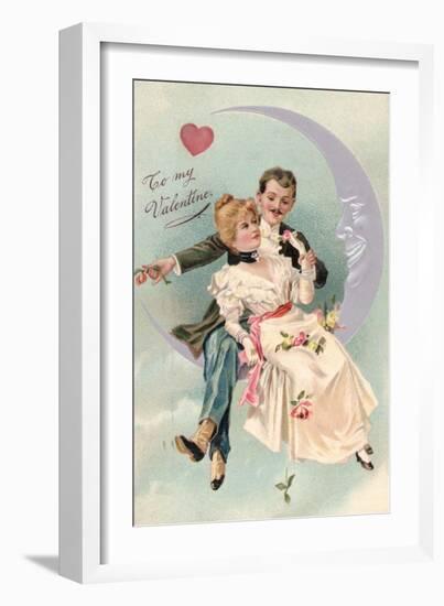 To My Valentine Postcard with Couple on Cresent Moon-David Pollack-Framed Giclee Print