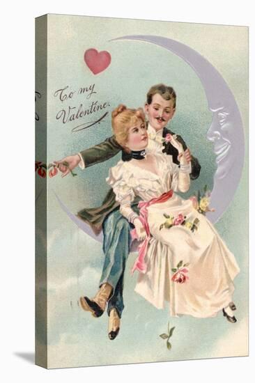 To My Valentine Postcard with Couple on Cresent Moon-David Pollack-Stretched Canvas