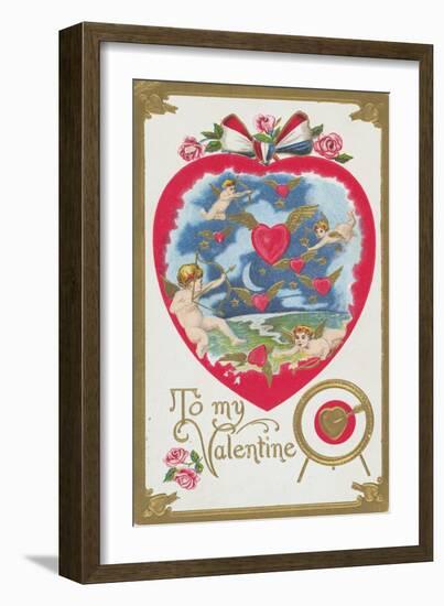 To My Valentine Postcard with Cupids and Hearts-null-Framed Giclee Print