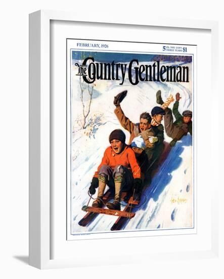 "Tobagganing," Country Gentleman Cover, February 1, 1926-George Brehm-Framed Giclee Print