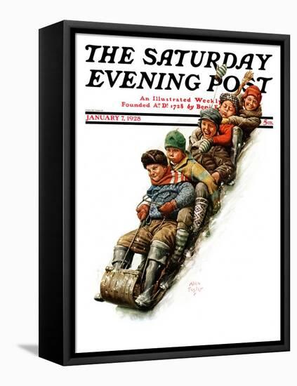 "Tobogganing," Saturday Evening Post Cover, January 7, 1928-Alan Foster-Framed Stretched Canvas