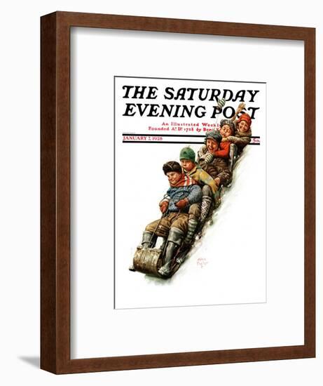 "Tobogganing," Saturday Evening Post Cover, January 7, 1928-Alan Foster-Framed Giclee Print