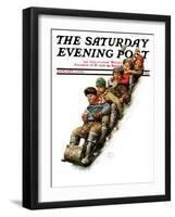 "Tobogganing," Saturday Evening Post Cover, January 7, 1928-Alan Foster-Framed Giclee Print