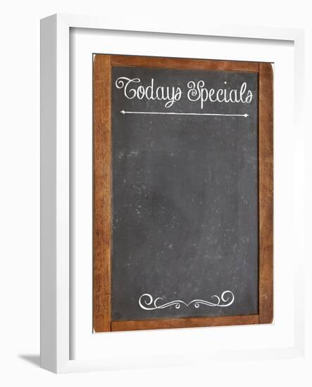 Today Specials - White Chalk Menu Sign on a Vintage Slate Blackboard-PixelsAway-Framed Art Print