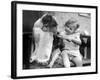 Toddler Trying to Brush Dog's Teeth-null-Framed Photographic Print