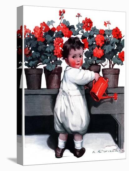 "Toddler Watering Geraniums,"June 28, 1924-Katherine R. Wireman-Stretched Canvas