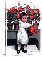 "Toddler Watering Geraniums,"June 28, 1924-Katherine R. Wireman-Stretched Canvas