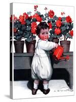 "Toddler Watering Geraniums,"June 28, 1924-Katherine R. Wireman-Stretched Canvas