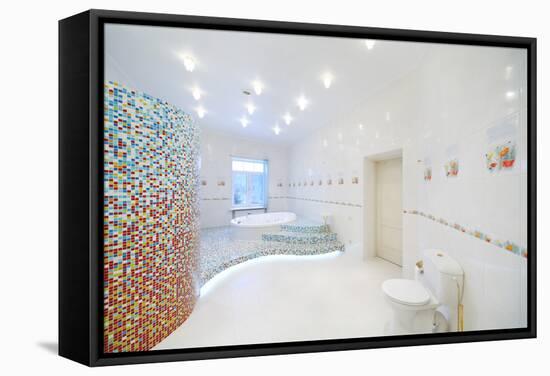 Toilet and Jacuzzi in Spacious White Bathroom with Tiles with Poppies.-Paha_L-Framed Stretched Canvas