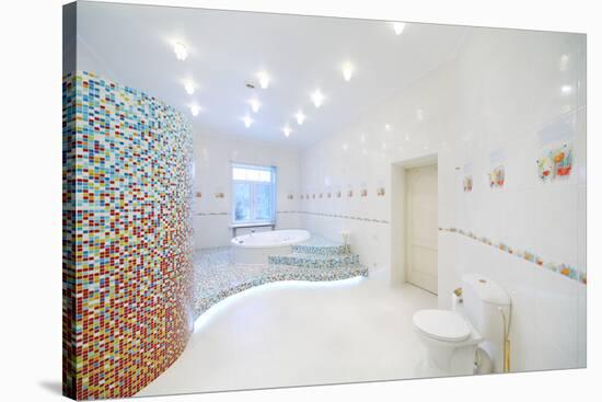 Toilet and Jacuzzi in Spacious White Bathroom with Tiles with Poppies.-Paha_L-Stretched Canvas