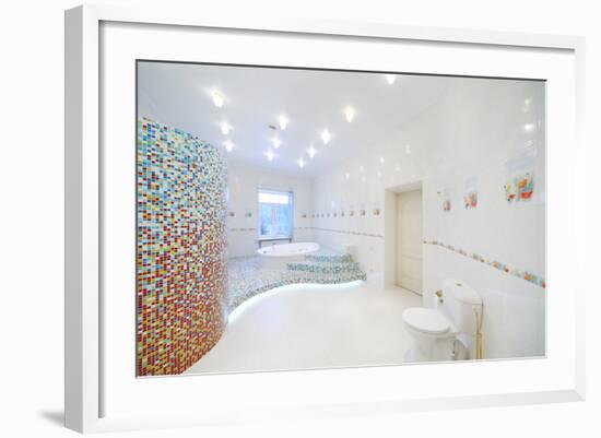 Toilet and Jacuzzi in Spacious White Bathroom with Tiles with Poppies.-Paha_L-Framed Photographic Print