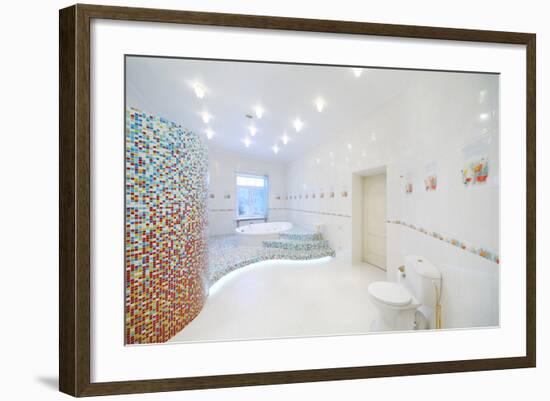 Toilet and Jacuzzi in Spacious White Bathroom with Tiles with Poppies.-Paha_L-Framed Photographic Print