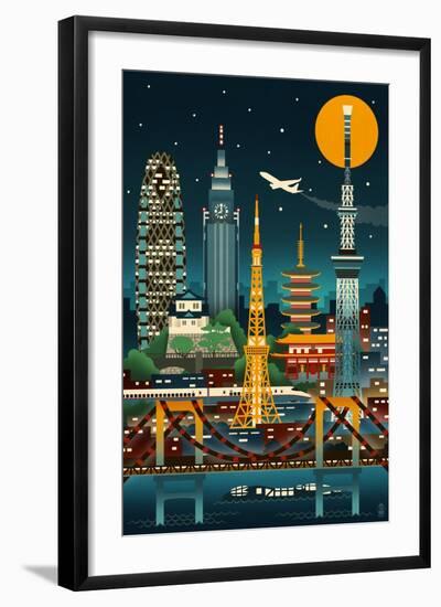 Tokyo, Japan - Retro Skyline (no text)-Lantern Press-Framed Art Print