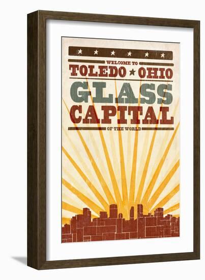 Toledo, Ohio - Skyline and Sunburst Screenprint Style-Lantern Press-Framed Art Print