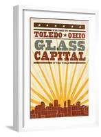 Toledo, Ohio - Skyline and Sunburst Screenprint Style-Lantern Press-Framed Art Print