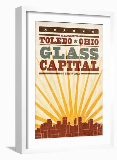 Toledo, Ohio - Skyline and Sunburst Screenprint Style-Lantern Press-Framed Art Print