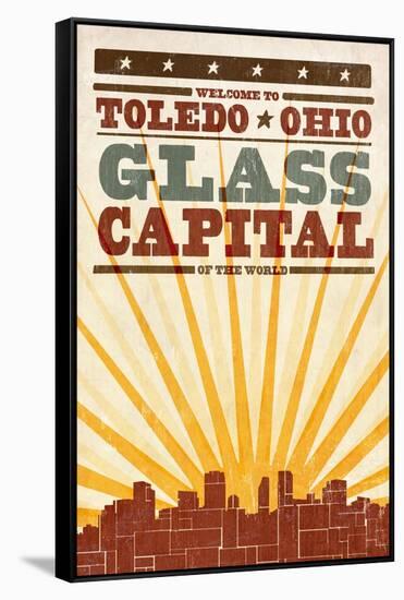 Toledo, Ohio - Skyline and Sunburst Screenprint Style-Lantern Press-Framed Stretched Canvas