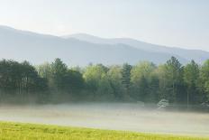 Meadow with Fog, Mountain Range in Background-Tony Sweet-Framed Stretched Canvas