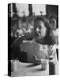 Tooth Powder Being Tested by Schoolgirl in Classroom-Yale Joel-Stretched Canvas