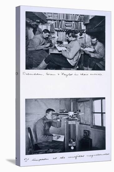 Top: Debenham, Gran and Taylor in their Cubicle. Bottom: Dr Simpson at the Unifilar Magnetometer-Herbert Ponting-Stretched Canvas