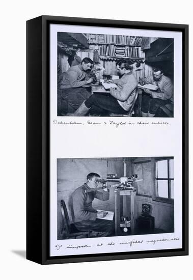 Top: Debenham, Gran and Taylor in their Cubicle. Bottom: Dr Simpson at the Unifilar Magnetometer-Herbert Ponting-Framed Stretched Canvas