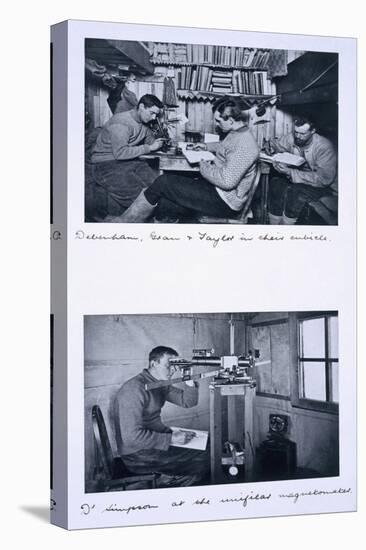 Top: Debenham, Gran and Taylor in their Cubicle. Bottom: Dr Simpson at the Unifilar Magnetometer-Herbert Ponting-Stretched Canvas