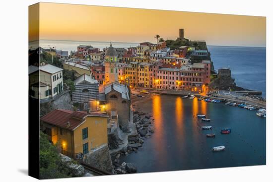 Top View at Sunrise of the Picturesque Sea Village of Vernazza, Cinque Terre, Liguria, Italy-Stefano Politi Markovina-Stretched Canvas