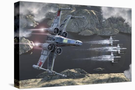 Top View of a Group of X-Wings Flying Low in a River Valley-Stocktrek Images-Stretched Canvas
