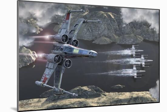 Top View of a Group of X-Wings Flying Low in a River Valley-Stocktrek Images-Mounted Art Print