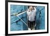 Top View of Athletic Competition Rower, Who Strokes His Paddle through Metallic Blue Water.-mezzotint-Framed Photographic Print