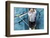 Top View of Athletic Competition Rower, Who Strokes His Paddle through Metallic Blue Water.-mezzotint-Framed Photographic Print