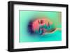 Top View of Female Face, Young Girl in the Milk Bath with Soft Glowing in Blue-Green Neon Light. Be-master1305-Framed Photographic Print