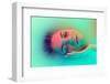 Top View of Female Face, Young Girl in the Milk Bath with Soft Glowing in Blue-Green Neon Light. Be-master1305-Framed Photographic Print