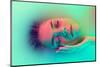 Top View of Female Face, Young Girl in the Milk Bath with Soft Glowing in Blue-Green Neon Light. Be-master1305-Mounted Photographic Print