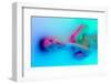 Top View of Female Face, Young Girl in the Milk Bath with Soft Glowing in Blue-Pink Neon Light. Bea-master1305-Framed Photographic Print