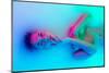 Top View of Female Face, Young Girl in the Milk Bath with Soft Glowing in Blue-Pink Neon Light. Bea-master1305-Mounted Photographic Print