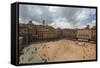 Top view of Piazza del Campo with the historical buildings and The Fonte Gaia fountain, Siena, UNES-Roberto Moiola-Framed Stretched Canvas