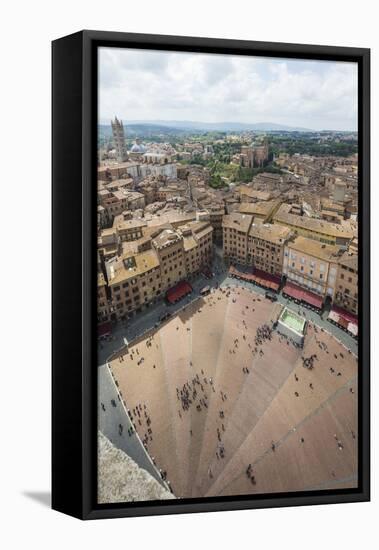 Top view of Piazza del Campo with the historical buildings and The Fonte Gaia fountain, Siena, UNES-Roberto Moiola-Framed Stretched Canvas