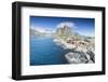 Top view of the fishing village framed by blue sea and high peaks Hamnoy, Moskenesoya, Nordland cou-Roberto Moiola-Framed Photographic Print