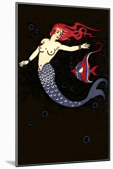 Topless Mermaid with Angel Fish-null-Mounted Art Print