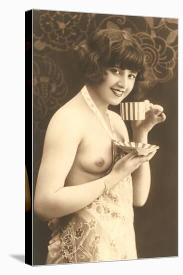 Topless Woman with Cup and Saucer-null-Stretched Canvas