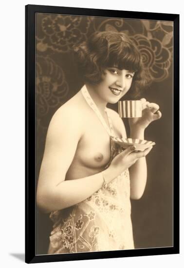 Topless Woman with Cup and Saucer-null-Framed Art Print