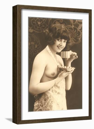 Topless Woman with Cup and Saucer-null-Framed Art Print