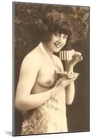 Topless Woman with Cup and Saucer-null-Mounted Art Print